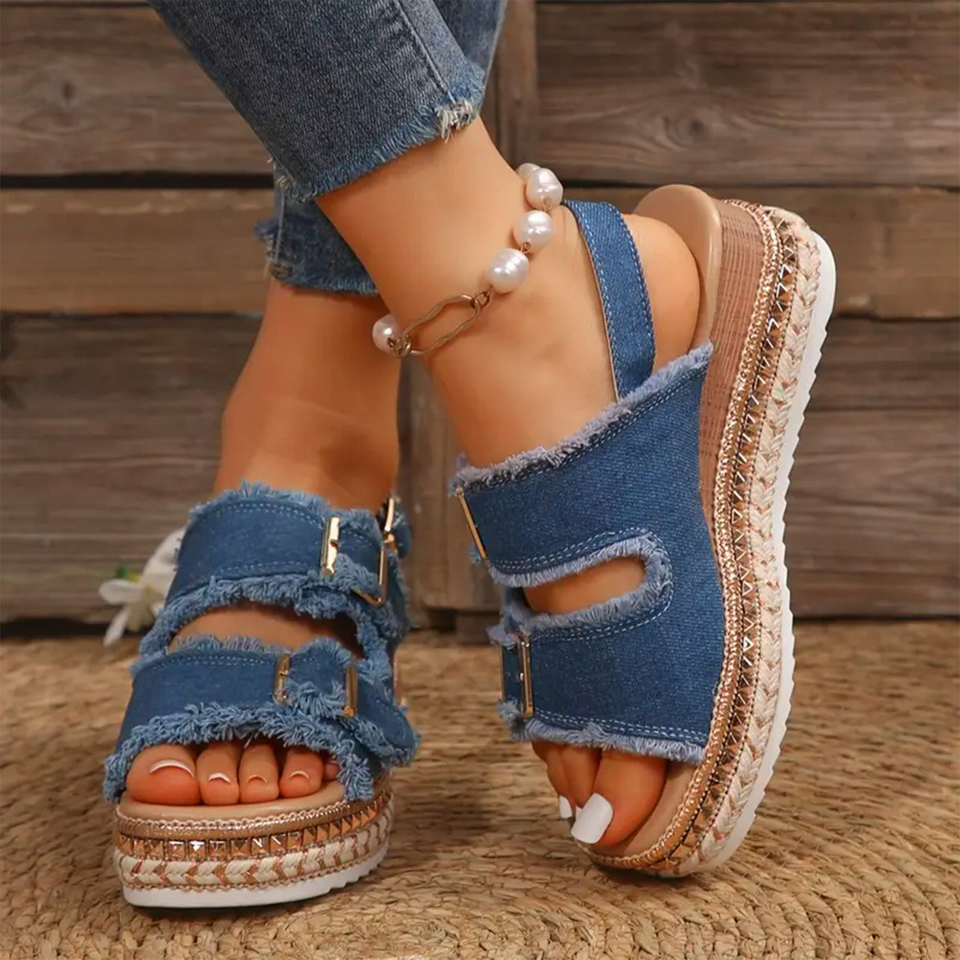 Elena | Chic Denim Wedge Sandals