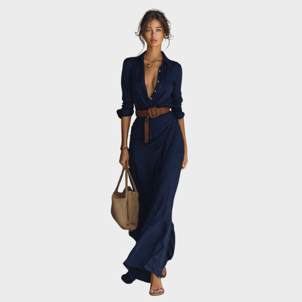 Classic Buttoned Maxi Dress with Belted Waist and Elegant Flowing Fit | Matilda maxi