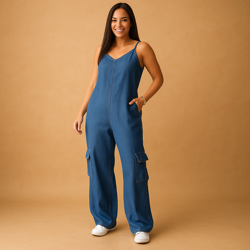 Valerie Women's Denim Jumpsuit with V-Neck and Open Back
