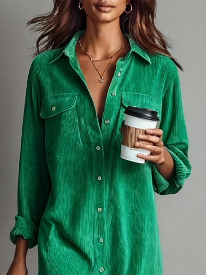 Loose Corduroy Double Chest Pocket Single Breasted Midi Dress