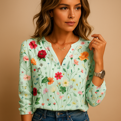 Women's V-Neck Long Sleeve Flower Print Blouse | Tess