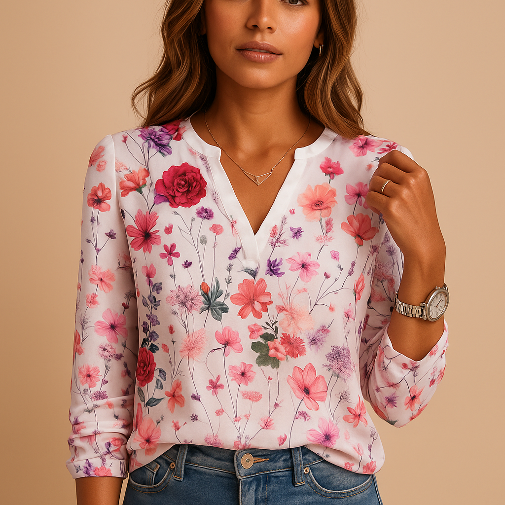 Women's V-Neck Floral Print Blouse with Long Sleeves | Tess