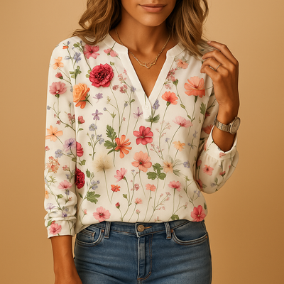Women's V-Neck Long Sleeve Flower Print Blouse | Tess