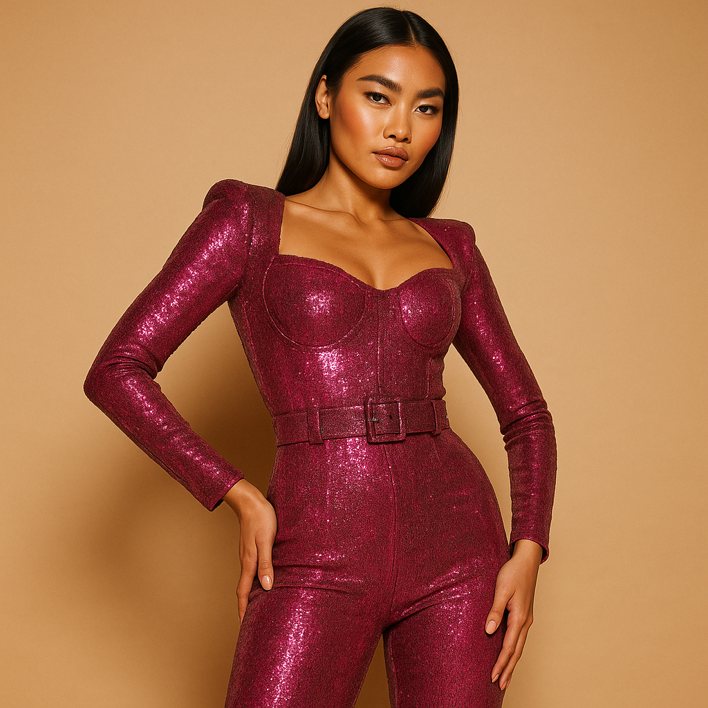 Tess | Women's Long Sleeve Shiny Festive Jumpsuit