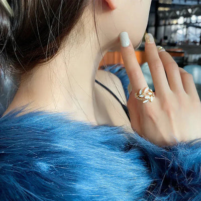 Harley - White Opal Leaf Adjustable Ring in Gold